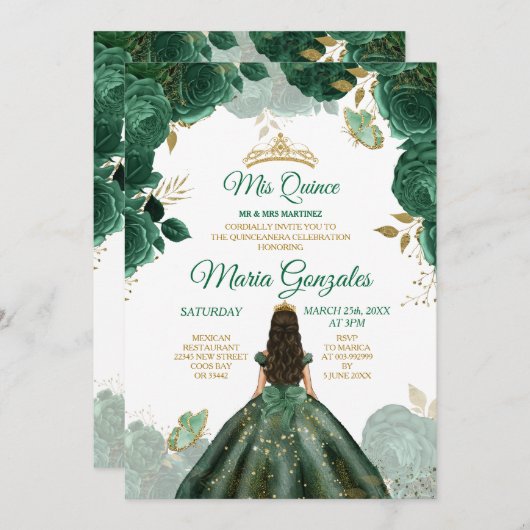 Quinceañera Smaragd Groene Vlinder Gouden Kroon Kaart (Voorkant / Achterkant)