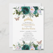 Quinceañera Smaragd Paarse Bloemen Gouden Vlinders Kaart (Voorkant)