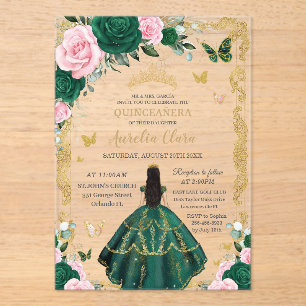 Quinceañera Smaragd Roze Bloem Zwart Haar Goud Acryl Uitnodigingen