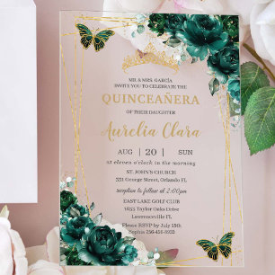 Quinceañera Smaragdgroene Bloemen Gouden Vlinders Acryl Uitnodigingen