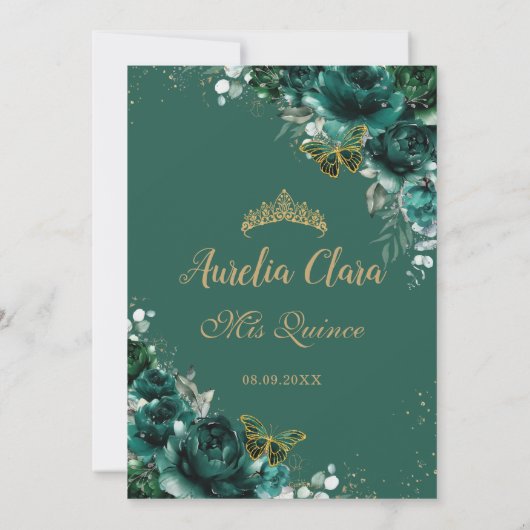 Quinceañera Smaragdgroene Bloemen Gouden Vlinders Bedankkaart (Achterkant)