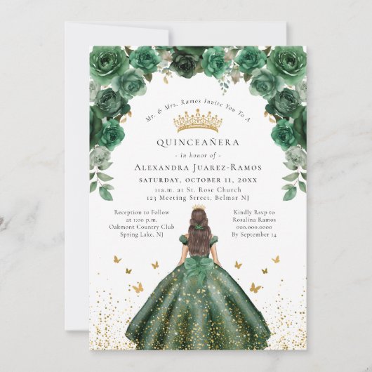 Quinceañera Smaragdgroene Bloemen Nepgoud Folie Kaart (Voorkant)