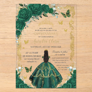 Quinceañera Smaragdgroene Bloemen Zwart Haar Goud Acryl Uitnodigingen