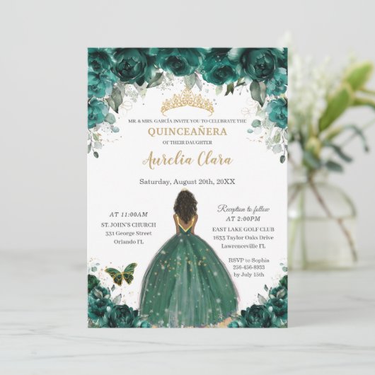 Quinceañera Smaragdgroene Bloemige Prinsessen Kroo Kaart (Staand voorkant)