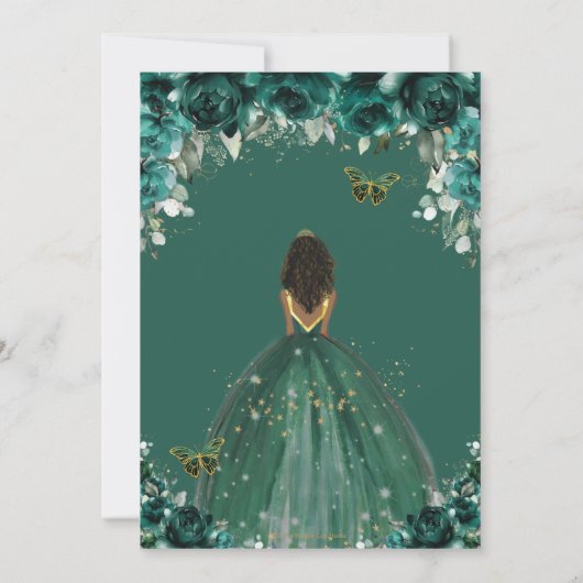 Quinceañera Smaragdgroene Bloemige Prinsessen Kroo Kaart (Achterkant)