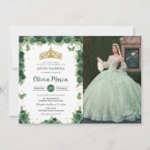 Quinceañera Smaragdgroene Bloemige Vlinders Foto Kaart (Voorkant)
