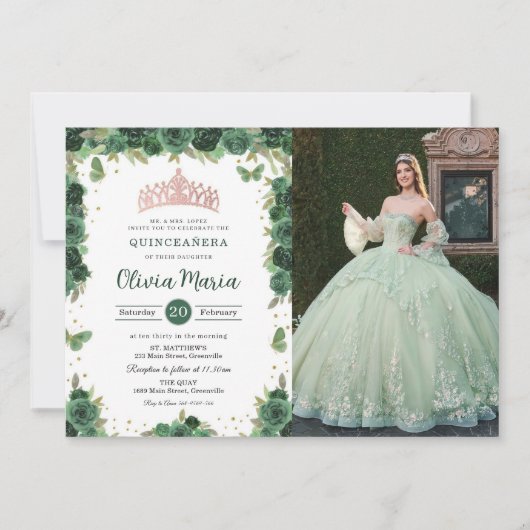 Quinceañera Smaragdgroene Bloemvlinder Foto Kaart (Voorkant)