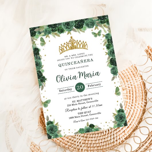 Quinceañera Smaragdgroene Bloemvlinder Tiara Kaart