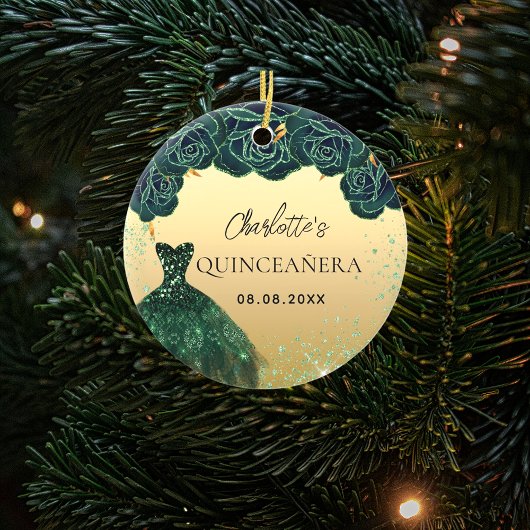 Quinceanera smaragdgroene gouden jurk keramisch ornament