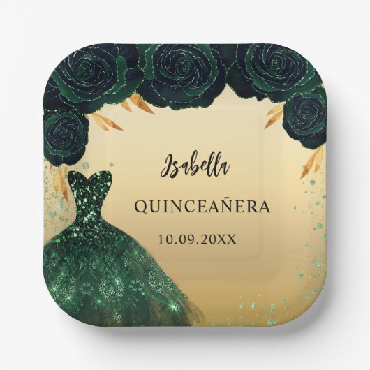 Quinceanera smaragdgroene gouden jurk papieren bordje (Voorkant)