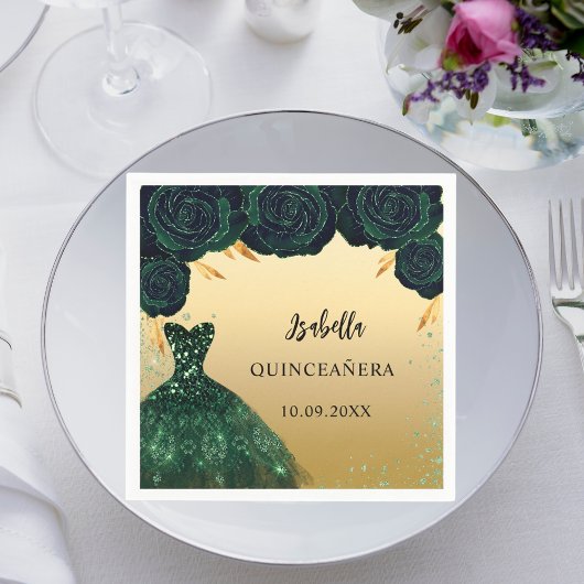 Quinceanera smaragdgroene gouden jurk servet