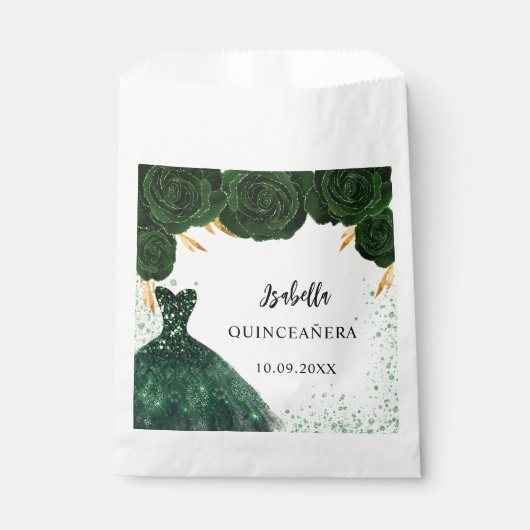 Quinceanera smaragdgroene jurk bedankzakje (Voorkant)