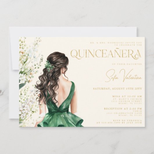 Quinceañera smaragdgroene jurk bloem bruin haar kaart (Voorkant)