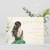 Quinceañera smaragdgroene jurk bloem bruin haar kaart (Staand voorkant)