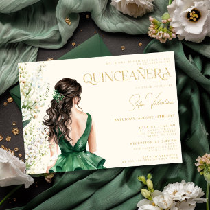 Quinceañera smaragdgroene jurk bloem bruin haar kaart