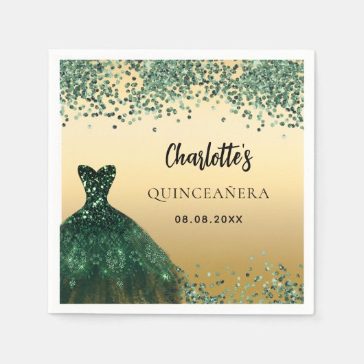 Quinceanera smaragdgroene jurk goud servet (Voorkant)