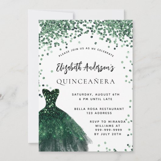 Quinceanera smaragdgroene jurk wit kaart (Voorkant)