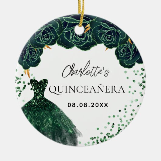 Quinceanera smaragdgroene jurk wit keramisch ornament (Voorkant)