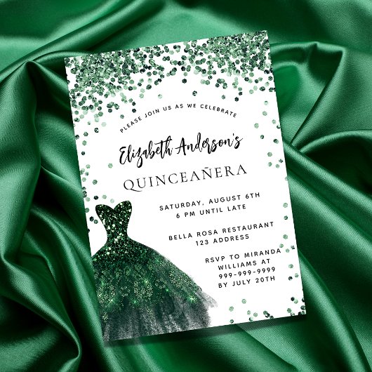 Quinceanera smaragdgroene jurk wit uitnodiging briefkaart