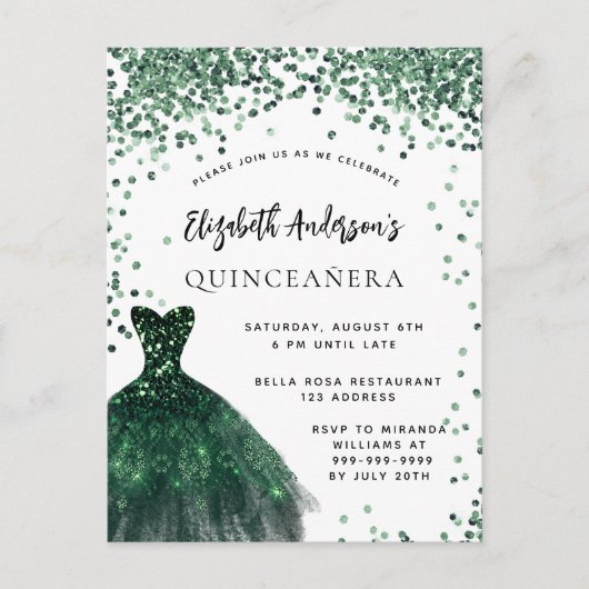 Quinceanera smaragdgroene jurk wit uitnodiging briefkaart (Voorkant)
