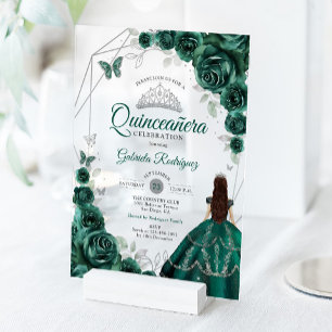 Quinceanera Smaragdgroene Jurk Zilver Acryl Uitnodigingen