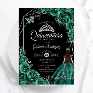 Quinceanera Smaragdgroene Zilveren Jurk Bloem Kaart
