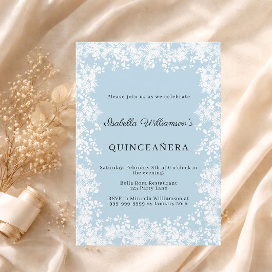 Quinceanera snowflakes blue elegant winter party kaart