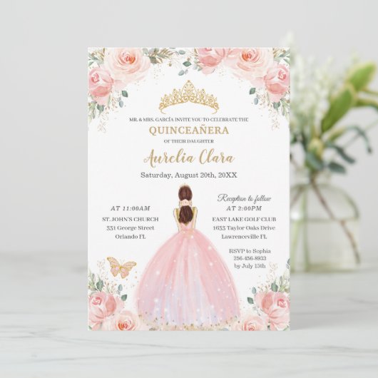 Quinceañera Soft Blush Floral Butterflies Princess Kaart (Staand voorkant)