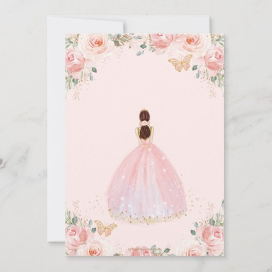 Quinceañera Soft Blush Floral Butterflies Princess Kaart (Achterkant)