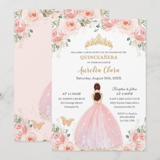 Quinceañera Soft Blush Floral Butterflies Princess Kaart (Voorkant / Achterkant)