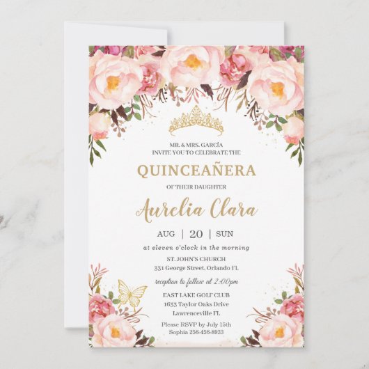 Quinceañera Soft Blush Floral Gold Tiara Butterfly Kaart (Voorkant)
