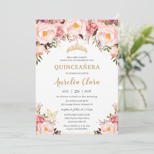Quinceañera Soft Blush Floral Gold Tiara Butterfly Kaart (Staand voorkant)