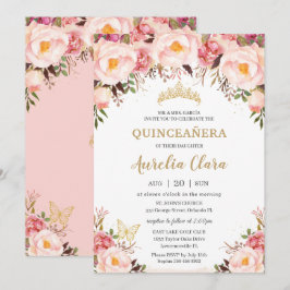 Quinceañera Soft Blush Floral Gold Tiara Butterfly Kaart