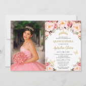 Quinceañera Soft Blush Floral Gold Tiara Butterfly Kaart (Voorkant)