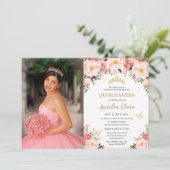 Quinceañera Soft Blush Floral Gold Tiara Butterfly Kaart (Staand voorkant)