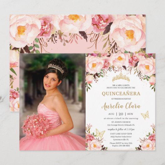 Quinceañera Soft Blush Floral Gold Tiara Butterfly Kaart (Voorkant / Achterkant)