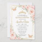 Quinceañera Soft Blush Floral Rozen Butterflies Kaart (Voorkant)