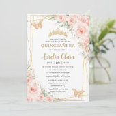 Quinceañera Soft Blush Floral Rozen Butterflies Kaart (Staand voorkant)