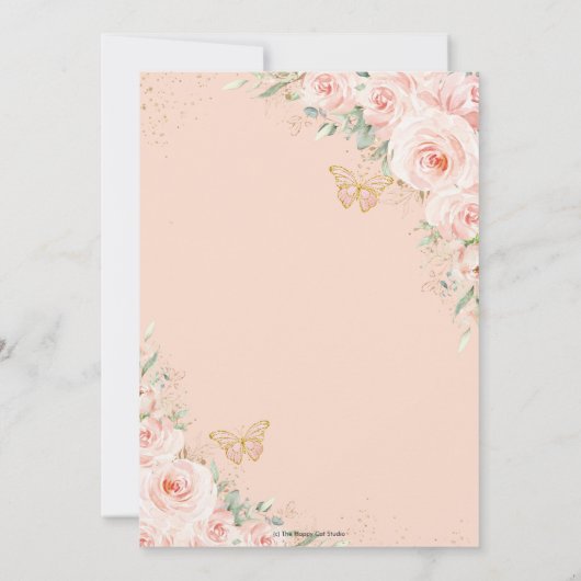 Quinceañera Soft Blush Floral Rozen Butterflies Kaart (Achterkant)
