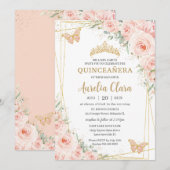 Quinceañera Soft Blush Floral Rozen Butterflies Kaart (Voorkant / Achterkant)