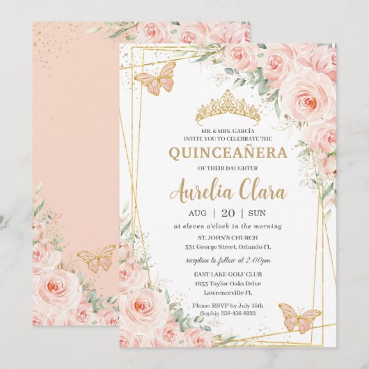 Quinceañera Soft Blush Floral Rozen Butterflies Kaart (Voorkant / Achterkant)