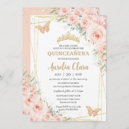 Quinceañera Soft Blush Floral Rozen Butterflies Kaart