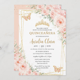 Quinceañera Soft Blush Floral Rozen Butterflies Kaart