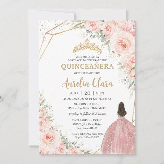 Quinceañera Soft Blush Floral Rozen Flowers Crown Kaart (Voorkant)