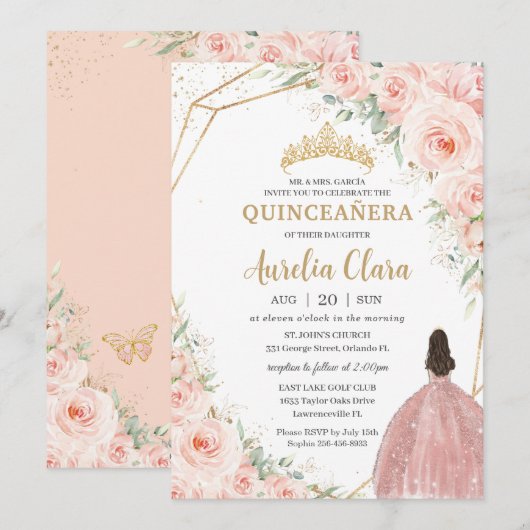 Quinceañera Soft Blush Floral Rozen Flowers Crown Kaart (Voorkant / Achterkant)