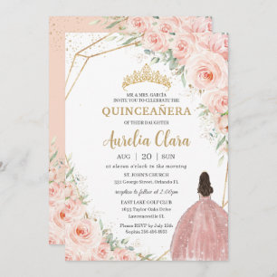 Quinceañera Soft Blush Floral Rozen Flowers Crown Kaart