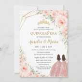 Quinceañera Soft Blush Floral Rozen Flowers Twins Kaart (Voorkant)