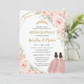 Quinceañera Soft Blush Floral Rozen Flowers Twins Kaart (Staand voorkant)