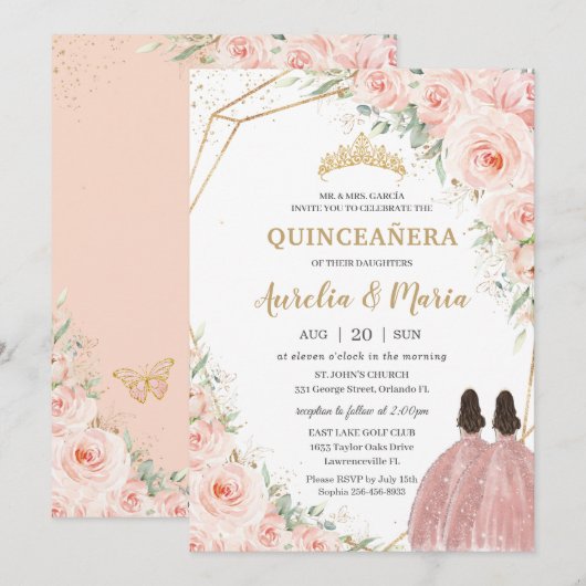 Quinceañera Soft Blush Floral Rozen Flowers Twins Kaart (Voorkant / Achterkant)