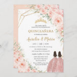 Quinceañera Soft Blush Floral Rozen Flowers Twins Kaart<br><div class="desc">Pas deze mooie quinceañera-uitnodiging gemakkelijk en snel aan met eigen tekst. Druk op de knop Aanpassen om de stijl en plaatsing van de tekst verder te herschikken en te formatteren. Overeenkomende objecten in de winkel! c) De Happy Cat Studio</div>